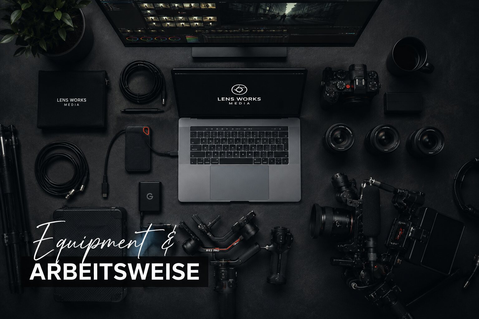 Kameraequipment von Lens Works Media von oben fotografiert: Arbeitsweise und Ausrüstung