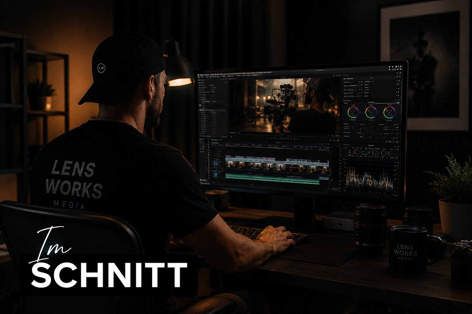 Nico Kirste im Schnitt an der Postproduktion, am Monitor mit Farbkorrektur-Software