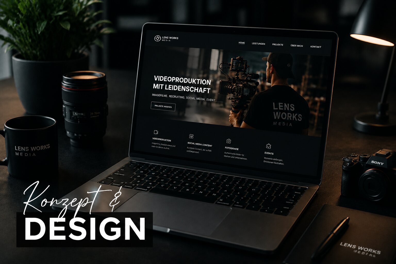 Laptop auf einem Schreibtisch zeigt den Entwurf einer modernen, dunklen Website von Lens Works Media