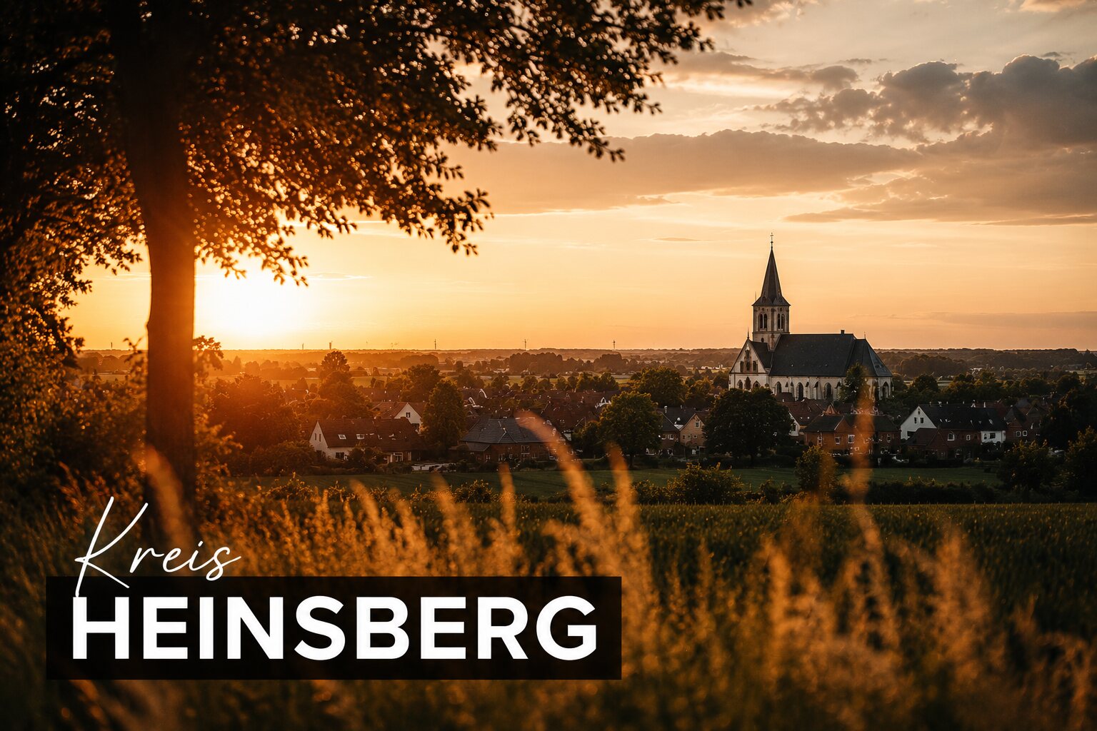 Goldene Abendstimmung im Kreis Heinsberg mit Kirchturm und Landschaft
